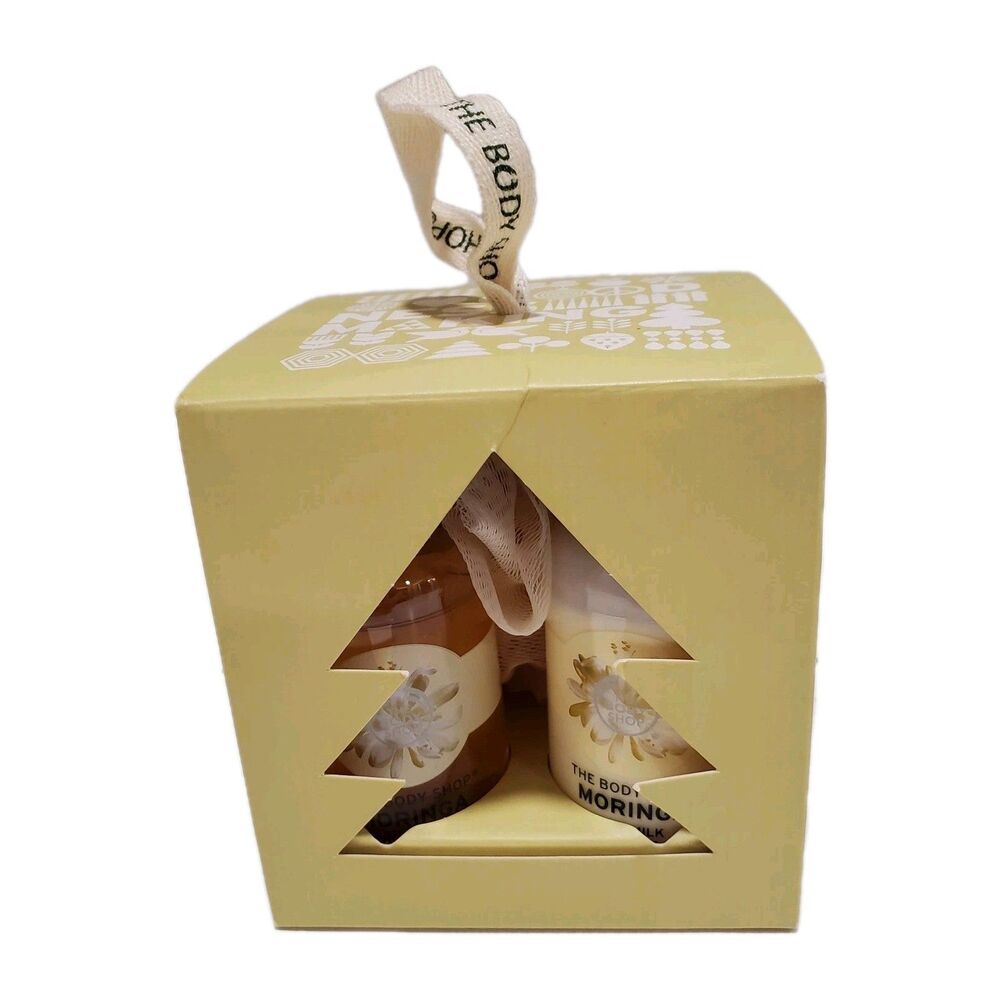 The Body Shop Moringa Gift Set Shower Gel & Body Milk 2 fl Oz Pouf in Box NEW